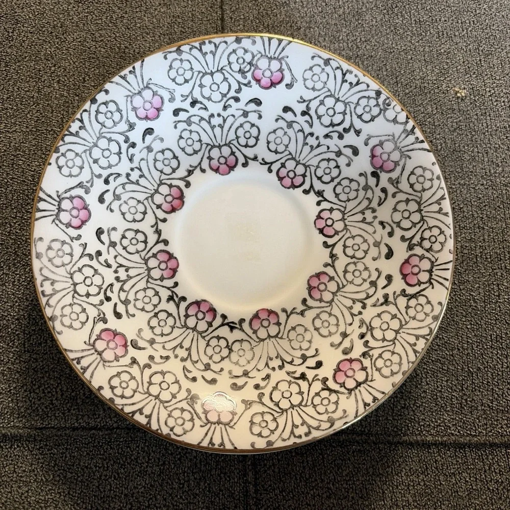 Vtg English Castle Bone China Tea Cup & Saucer  Staffordshire England ‎ Pink/blk